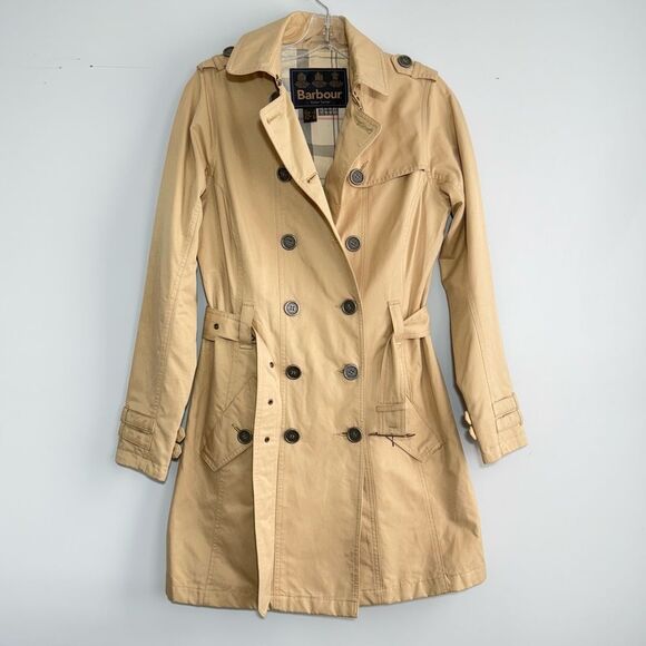Barbour Tartan Tay Trench Coat In Beige Cream 4 Double Breasted Classic Preppy - Picture 8 of 16
